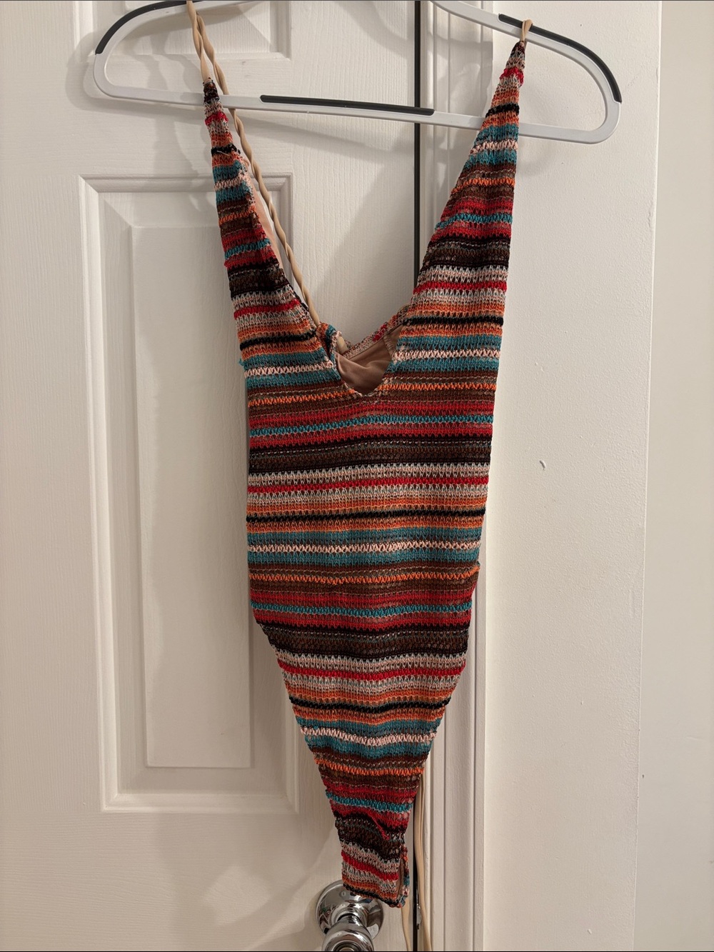 Forever 21 Striped Crochet Swimsuit in Red, Teal, Brown and Cream